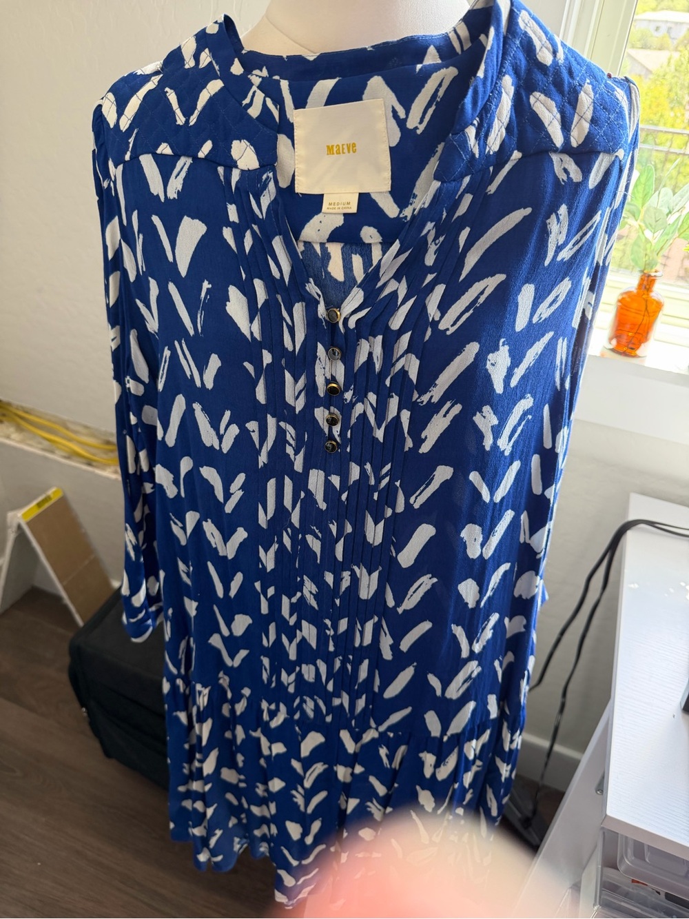 Maeve Blue and White Long Sleeve Printed Midi Dress